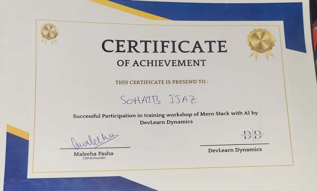 MERN Stack with AI Workshop certificate awarded to Sohaib Ijaz