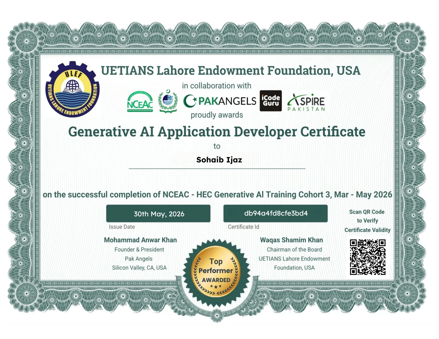 Generative AI Application Developer certificate awarded to Sohaib Ijaz